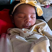 Kaylani joined the competition — help win amazing prizes! baby, baby_girl, blanket, child, closeup, clothing, cozy, cute, face, headband, indoors, infant, newborn, peaceful, person, portrait, resting, sleeping, soft_light, yellow_bow
