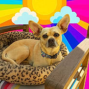 Peggy a rejoint le concours — aidez-le/la à gagner de superbes lots ! dog, chihuahua, pet_bed, leopard_print, collar, large_ears, canine, wooden_chair, colorful_background, sun_illustration, clouds, patterned_bed, resting, portrait, closeup, attentive, cushion, outdoor_furniture, seat, adorable