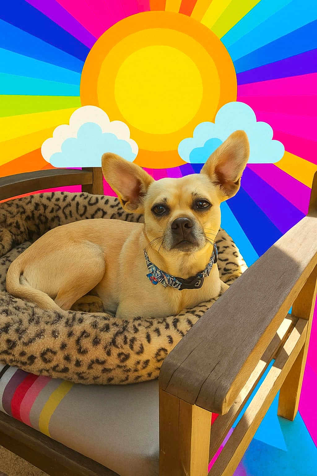 Peggy a rejoint le concours — aidez-le/la à gagner de superbes lots ! dog, chihuahua, pet_bed, leopard_print, collar, large_ears, canine, wooden_chair, colorful_background, sun_illustration, clouds, patterned_bed, resting, portrait, closeup, attentive, cushion, outdoor_furniture, seat, adorable
