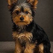 Louie is registered to the contest to win money with this photo: puppy, dog, small_dog, fluffy, ears, brown_fur, black_fur, pet, portrait, animal, cute, sitting, carpet, indoor, adorable, young_dog, studio, close_up, fur, eyes