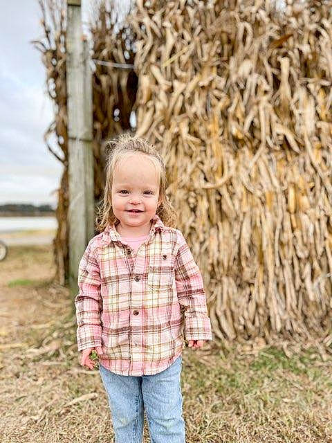 Kinsley joined the competition — help win amazing prizes! agriculture, child, field, fun, grass, grass_family, happy, jeans, joy, pattern, people_in_nature, person, plaid, plant, portrait_photography, sitting, smile, soil, toddler, tree