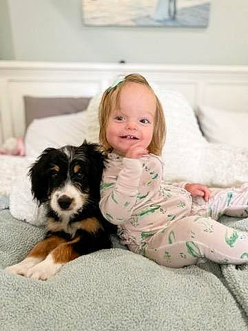 Kinsley joined the competition — help win amazing prizes! carnivore, child, comfort, companion_dog, couch, dog, dog_breed, flooring, fun, fur, happy, herding_dog, joy, living_room, person, picture_frame, room, sitting, smile, television
