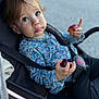 Inaya participe au concours pour gagner de l'argent avec cette photo : toddler, child, stroller, fruit, plum, holding, curious, face, clothing, floral_shirt, seatbelt, outdoor, portrait, young_child, hand, person, baby, expression, sitting, casual