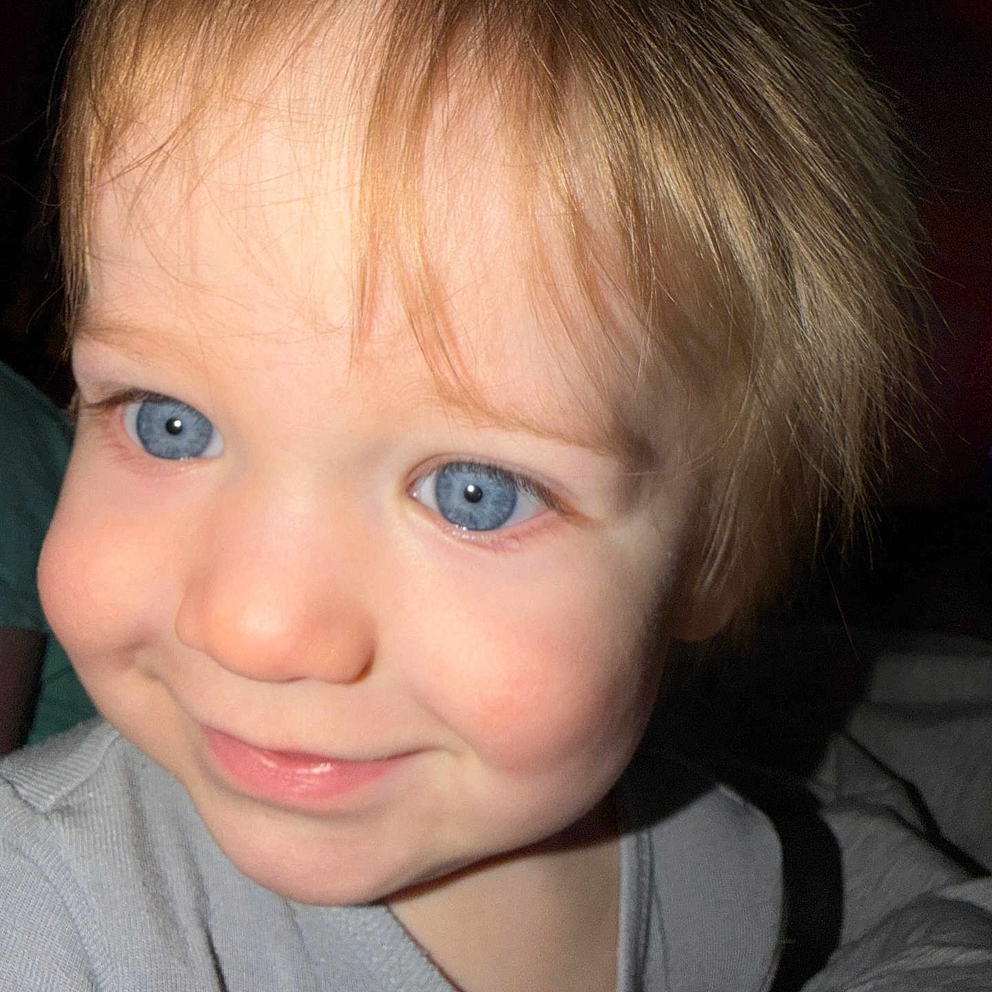 Ryson joined the competition — help win amazing prizes! child, toddler, face, blue_eyes, smile, hair, light_brown_hair, portrait, close_up, skin, clothing, grey_outfit, cute, happy, indoor, young_child, person, baby, head, expression
