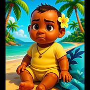 Jackson is registered to the contest to win money with this photo: animated, baby, beach, blue_sky, cartoon, child_character, cute, digital_art, expression, flower, ocean, palm_trees, portrait, sand, sitting, sunny, tropical, tropical_foliage, vacation, yellow_clothing