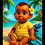 animated, baby, beach, blue_sky, cartoon, child_character, cute, digital_art, expression, flower, ocean, palm_trees, portrait, sand, sitting, sunny, tropical, tropical_foliage, vacation, yellow_clothing