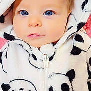 Eva joined the competition — help win amazing prizes! baby, child, hoodie, panda_pattern, blue_eyes, face, portrait, cute, infant, soft_texture, white, black, zipper, apparel, warm_clothing, closeup, expression, person, looking, indoors