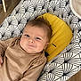 baby, baby_seat, child, cute, face, furniture, happy, head, indoors, infant, patterned_baby_seat, person, portrait, sitting, skin, smile, striped_clothing, wooden_floor, yellow_cushion, young_child