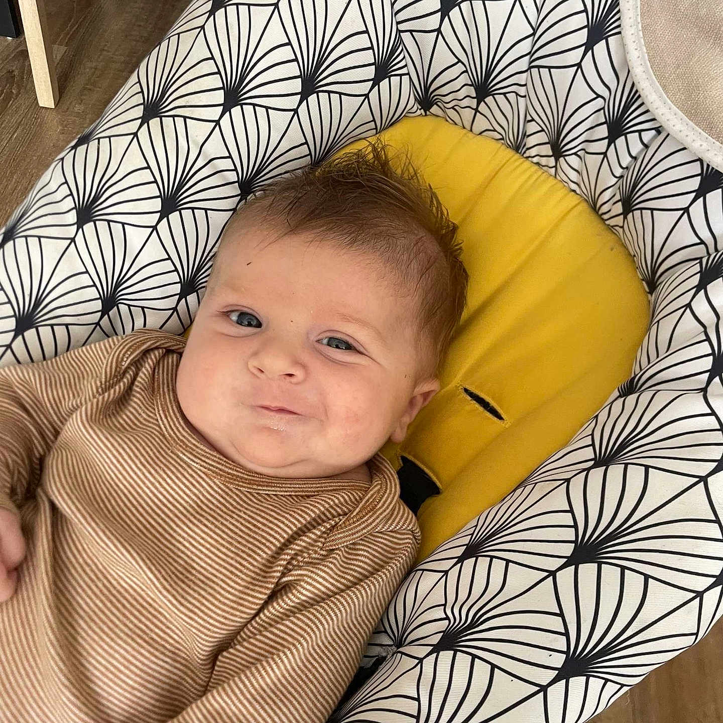 Pablo participe au concours pour gagner de l'argent avec cette photo : baby, baby_seat, child, cute, face, furniture, happy, head, indoors, infant, patterned_baby_seat, person, portrait, sitting, skin, smile, striped_clothing, wooden_floor, yellow_cushion, young_child