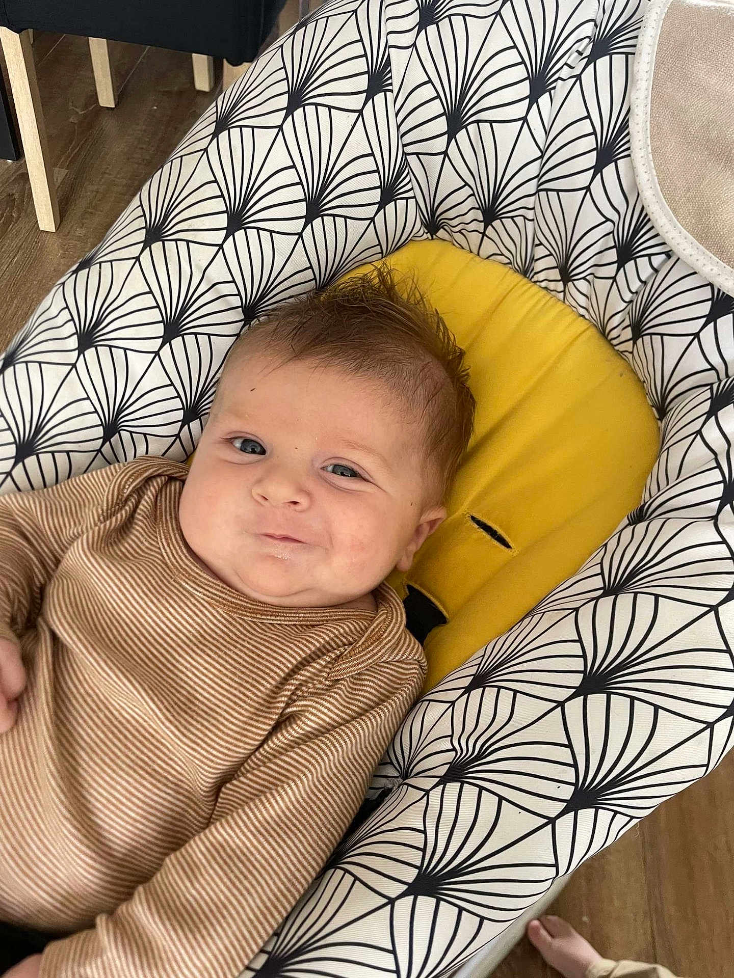Pablo participe au concours pour gagner de l'argent avec cette photo : baby, baby_seat, child, cute, face, furniture, happy, head, indoors, infant, patterned_baby_seat, person, portrait, sitting, skin, smile, striped_clothing, wooden_floor, yellow_cushion, young_child