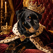 Taz participe au concours pour gagner de l'argent avec cette photo : rottweiler, dog, crown, cape, throne, velvet, royalty, luxury, gold, jewels, portrait, pet, animal, canine, indoor, decor, candle, furniture, opulent, majestic