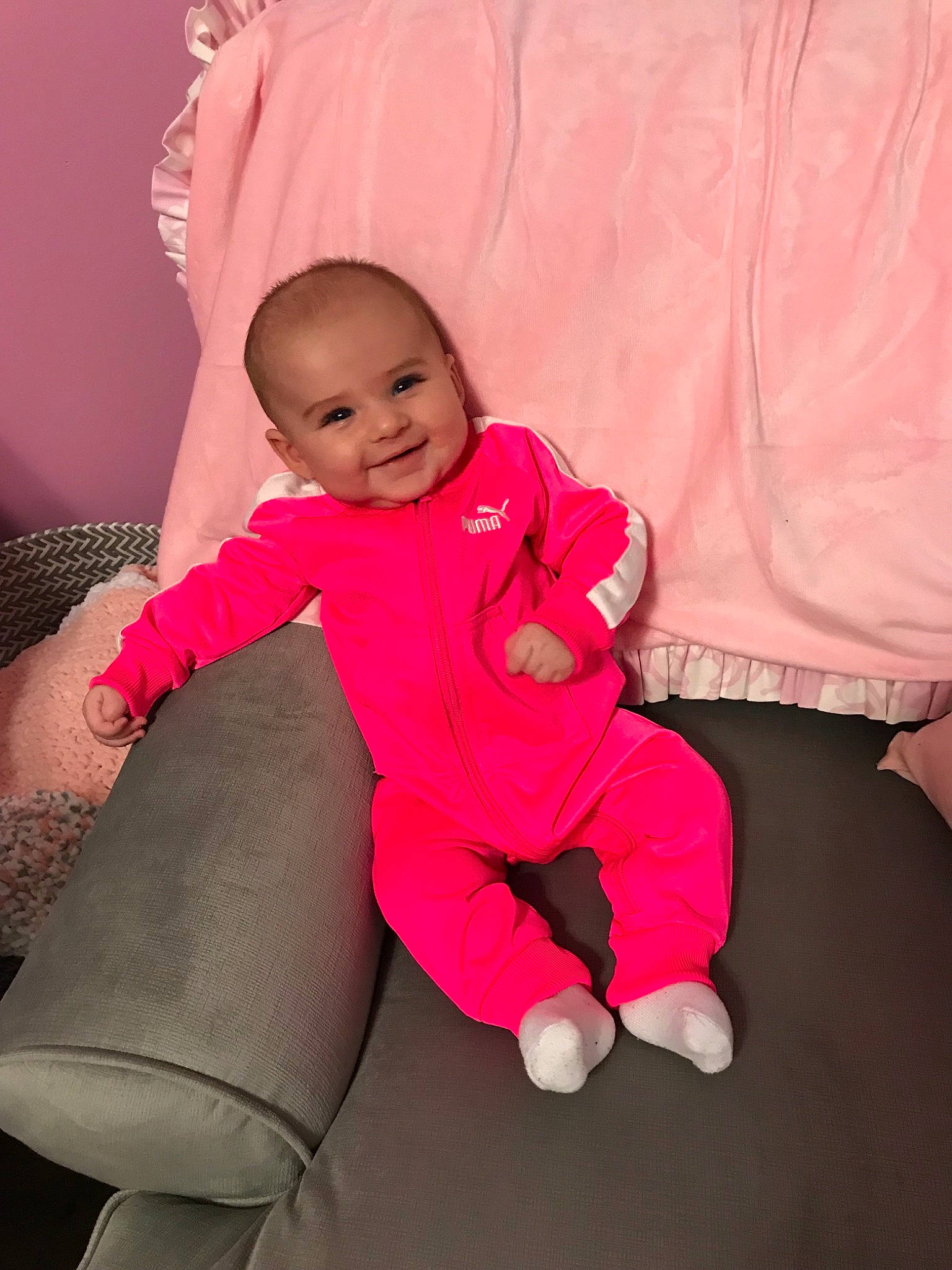 Austyn joined the competition — help win amazing prizes! baby, child, comfort, furniture, joy, magenta, person, pink, play, sitting, skin, toddler