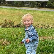 Joe joined the competition — help win amazing prizes! toddler, child, grass, outdoor, smiling, denim_overalls, blond_hair, nature, trees, greenery, lawn, happy, walking, person, casual_clothing, phone_screen, mobile_interface, app_icons, google_search_bar, daytime