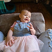 Aurora joined the competition — help win amazing prizes! baby, child, smiling, indoor, dress, denim, tulle, person, lap, ripped_jeans, couch, wooden_floor, hand, face, happy, clothing, sitting, casual, portrait, watermark