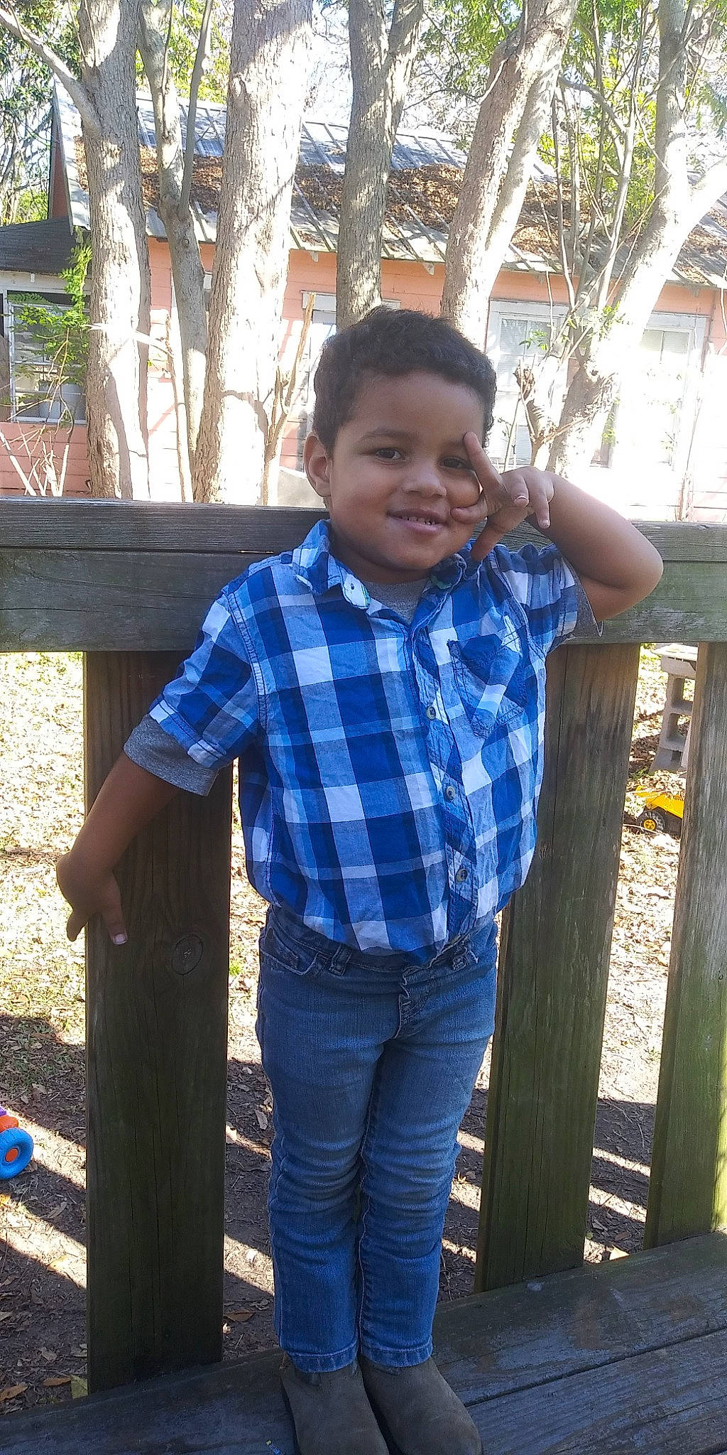 Titus joined the competition — help win amazing prizes! child, denim, jeans, joy, person, smile, standing