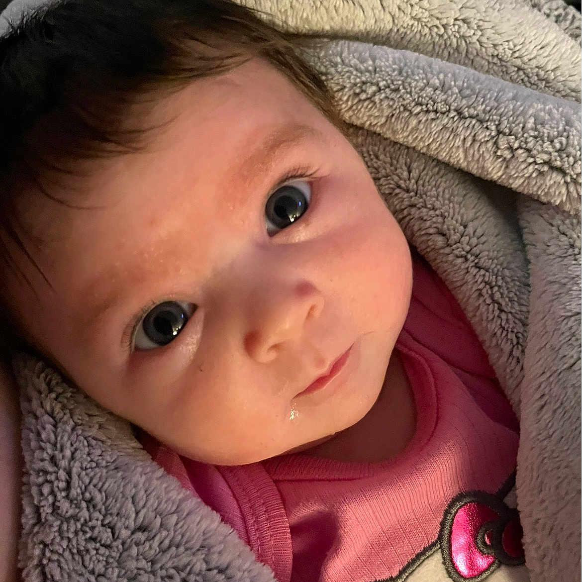 Audrianna joined the competition — help win amazing prizes! adorable, baby, blanket, child, closeup, cozy, cute, expression, eyes, face, indoors, infant, lying_down, newborn, pink_clothing, portrait, skin, soft_texture, warm, wrapped