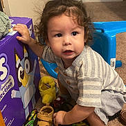 Carlos joined the competition — help win amazing prizes! toddler, child, shoes, indoor, carpet, curly_hair, toy, box, blue_chair, clothing, sock, play, curious, brown_shoes, black_shoes, yellow_toy, striped_shirt, candid, person, floor