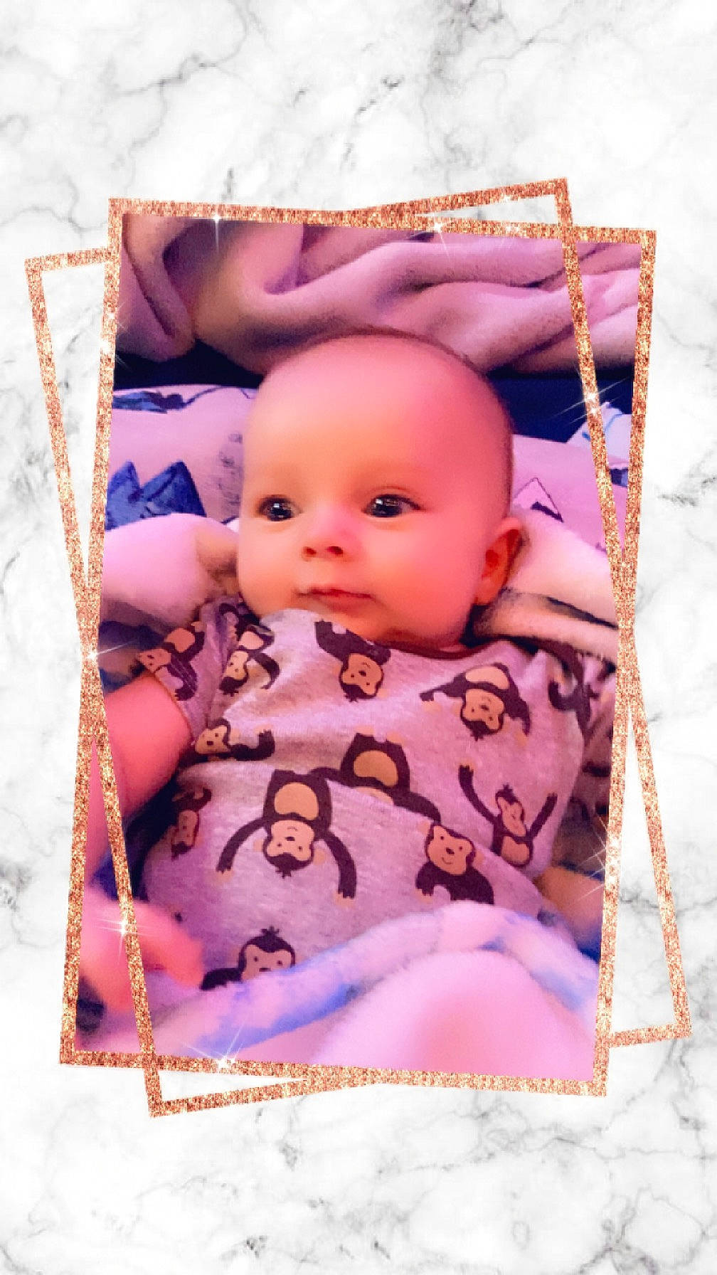 Colton is registered to the contest to win money with this photo: art, baby, cheek, child, collectable, doll, eyelash, linens, magenta, paper_product, pattern, peach, person, pink, room, toy