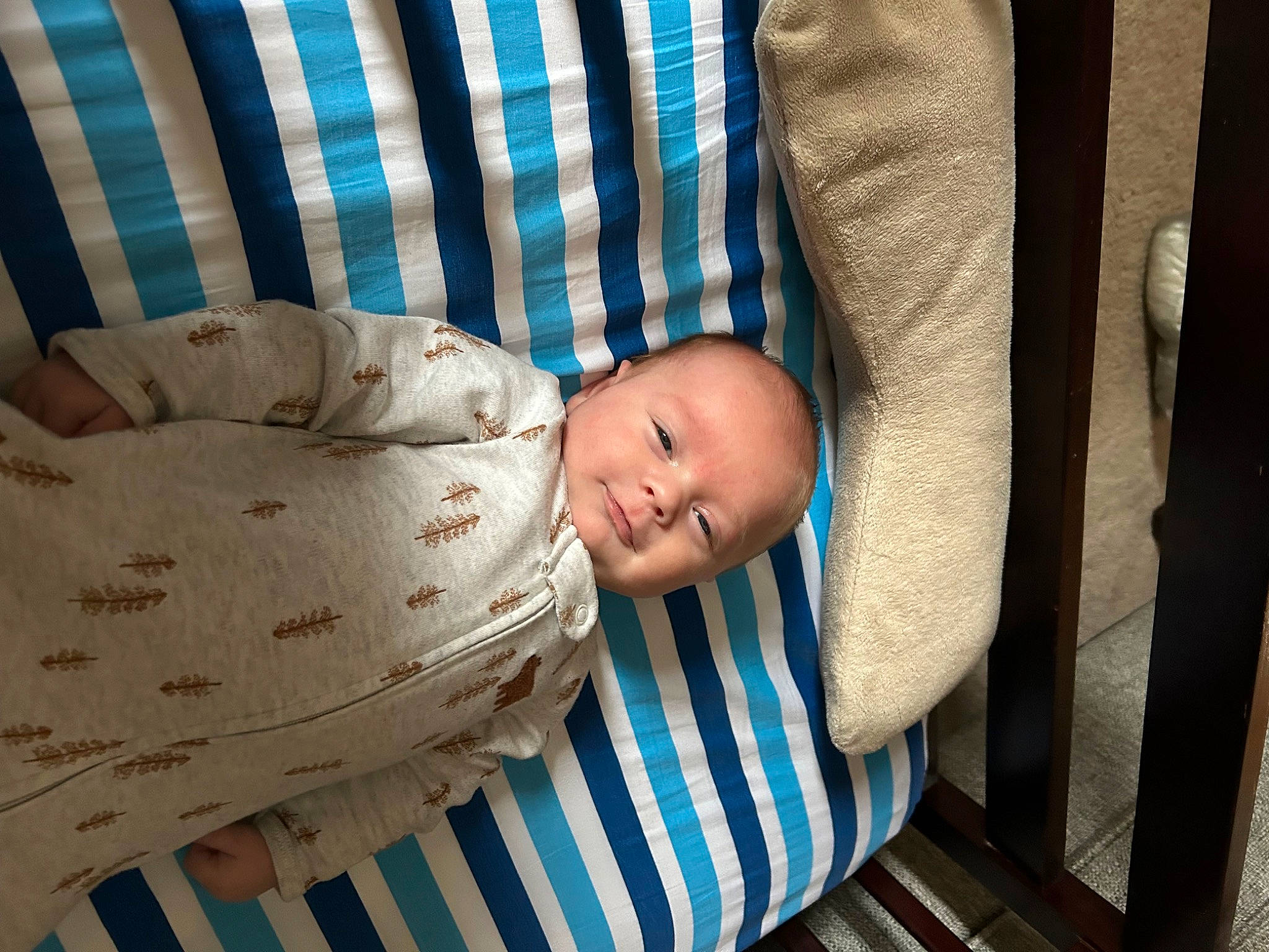 Colton is registered to the contest to win money with this photo: baby, baby_products, baby_safety, baby_toddler_clothing, child, comfort, eye, hardwood, infant_bed, linens, pattern, person, plaid, product, room, sitting, sleeve, tartan, toddler, wood
