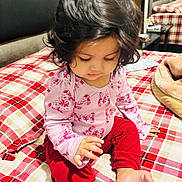 Imrat joined the competition — help win amazing prizes! toddler, child, baby, indoor, bed, plaid, blanket, pajamas, pink, red, hair, face, hand, foot, person, cozy, pattern, clothing, cute, sitting
