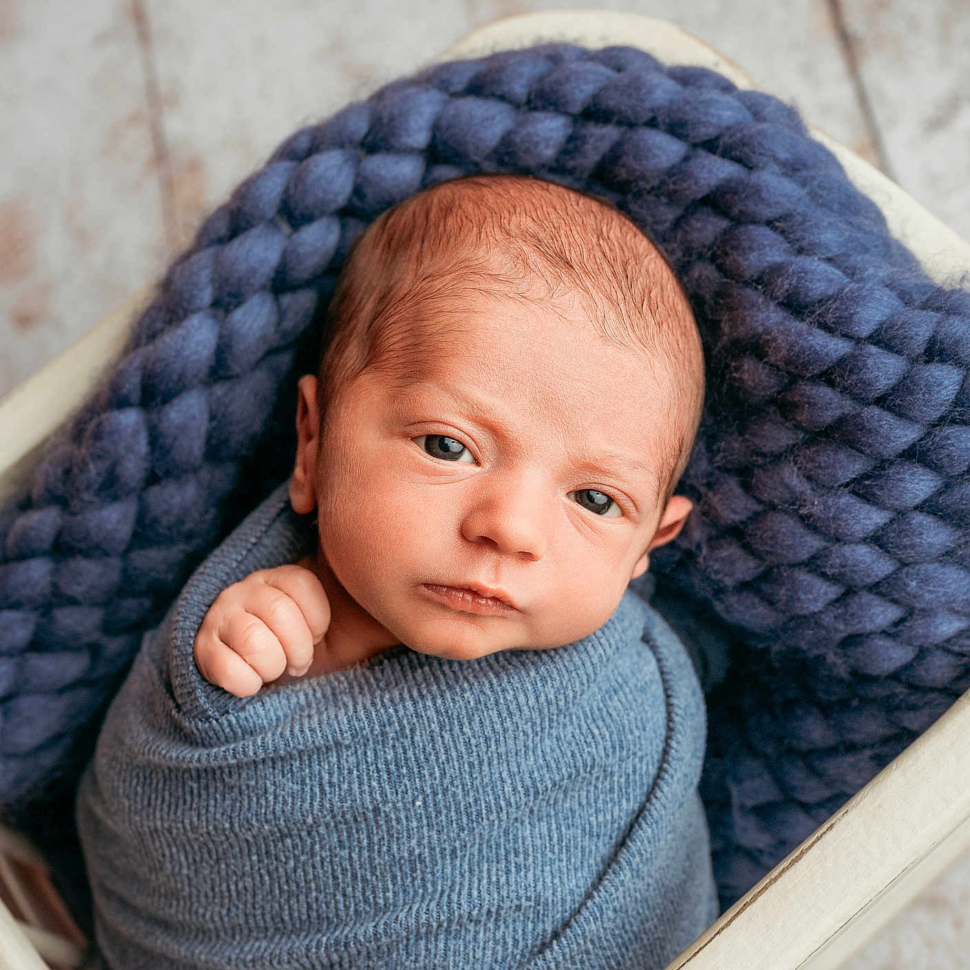 Oliver is registered to the contest to win money with this photo: newborn, baby, infant, wrapped, blanket, basket, knit, blue, cozy, cute, portrait, face, head, skin, hand, indoors, floor, texture, soft, sleepy