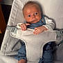 Reggie is registered to the contest to win money with this photo: baby, infant, baby_seat, blue_overalls, white_shirt, barefoot, straps, indoor, curious_expression, small_hands, small_feet, child, person, soft_texture, fabric, comfort, looking_up, head, face, newborn