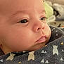 baby, close_up, face, infant, blanket, pattern, bear_design, soft_lighting, skin, eyes, nose, mouth, cheeks, clothing, portrait, indoor, cute, newborn, sleepy, peaceful