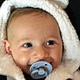adorable, baby, child, closeup, cozy, cute, ears, eyes, face, fur, happy, hood, infant, pacifier, person, portrait, smiling, soft_texture, warm_clothing, young