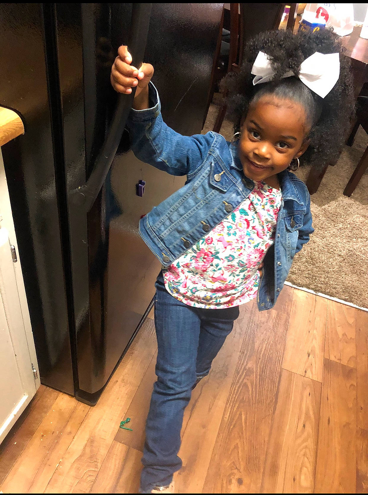 Denim is registered to the contest to win money with this photo: beauty, black_hair, denim, fashion_design, floor, flooring, fun, happy, hardwood, joy, laminate_flooring, leisure, long_hair, person, shoe, standing, street_fashion, toddler, trunk, waist