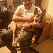 Athéna a rejoint le concours — aidez-le/la à gagner de superbes lots ! man, dog, indoor, smiling, chair, pet, happy, casual_clothing, glasses, bald, watch, camo_pants, slippers, desk, computer_monitor, pet_bed, floor, room, furniture, warm_lighting