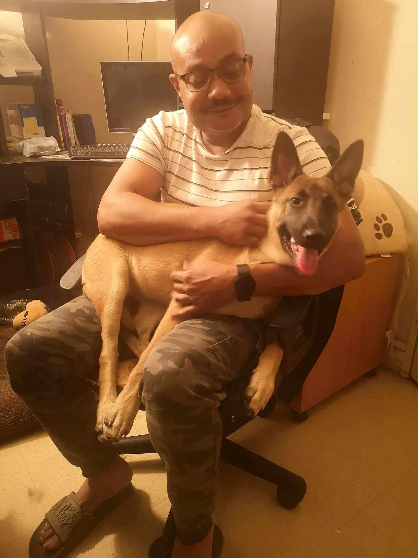 Athéna a rejoint le concours — aidez-le/la à gagner de superbes lots ! man, dog, indoor, smiling, chair, pet, happy, casual_clothing, glasses, bald, watch, camo_pants, slippers, desk, computer_monitor, pet_bed, floor, room, furniture, warm_lighting