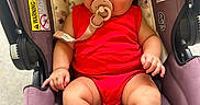 Aleiya is registered to the contest to win money with this photo: accessory, baby, baby_girl, car_seat, child, chubby_cheeks, closeup, cute, flower, happy, headband, indoor, infant, pacifier, person, portrait, purple, red_clothing, seat_belt, smiling