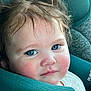 Hannah is registered to the contest to win money with this photo: toddler, child, face, blue_eyes, rosy_cheeks, car_seat, portrait, close_up, curly_hair, baby_clothing, indoor, seat_belt, pensive, cute, person, infant, young_child, head_and_shoulders, expression, comfort