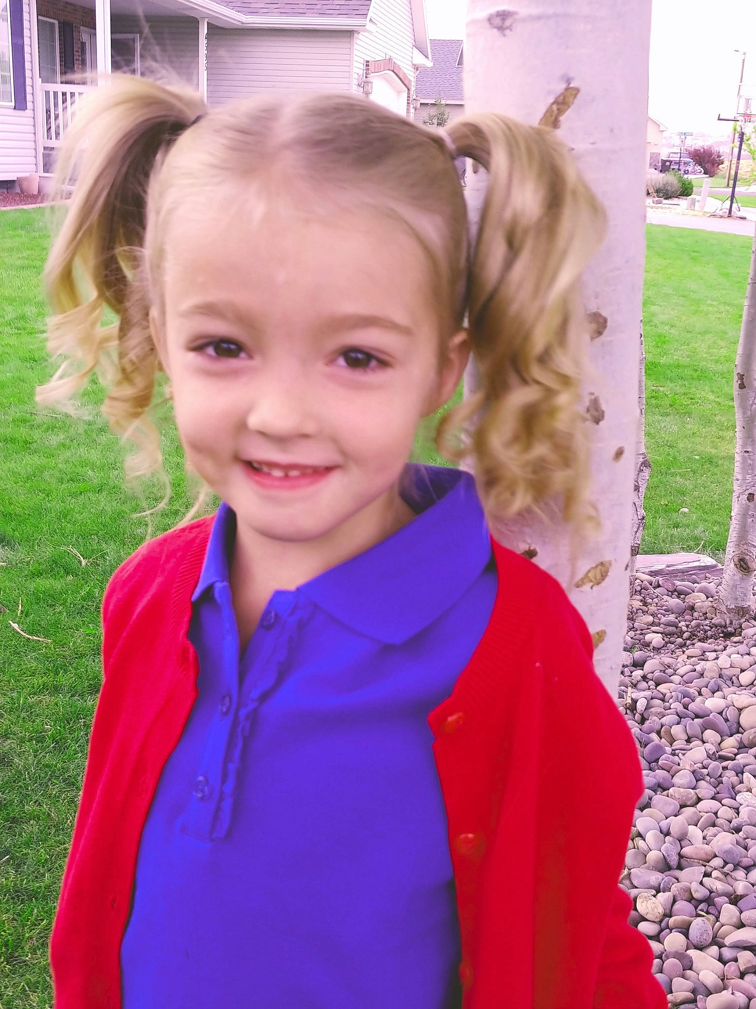 Ashtyn joined the competition — help win amazing prizes! blond, child, eye, face, fun, grass, hair, hairstyle, head, iris, joy, lip, long_hair, outerwear, people, person, pink, purple, skin, smile