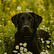 Remmi is registered to the contest to win money with this photo: dog, black_dog, animal, pet, flower, daisy, field, nature, outdoor, grass, flora, wildflower, collar, portrait, canine, summer, greenery, laying_down, peaceful, close_up