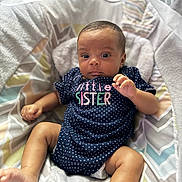 Malaina is registered to the contest to win money with this photo: baby, baby_nest, child, clothing, cute, fabric, feet, hands, indoors, infant, little_sister, newborn, onesie, pattern, person, polka_dot, portrait, relaxing, skin, soft