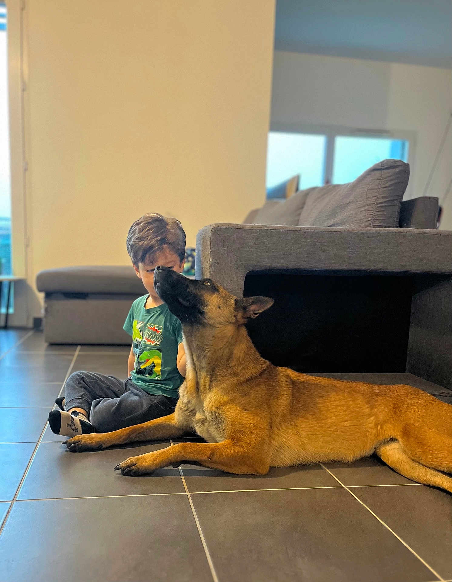 Nala participe au concours pour gagner de l'argent avec cette photo : boy, dog, indoor, floor, tile, couch, child, pet, brown_dog, casual_clothing, natural_light, home, companionship, sitting, young, curious, relaxed, domestic, loyalty, friendship
