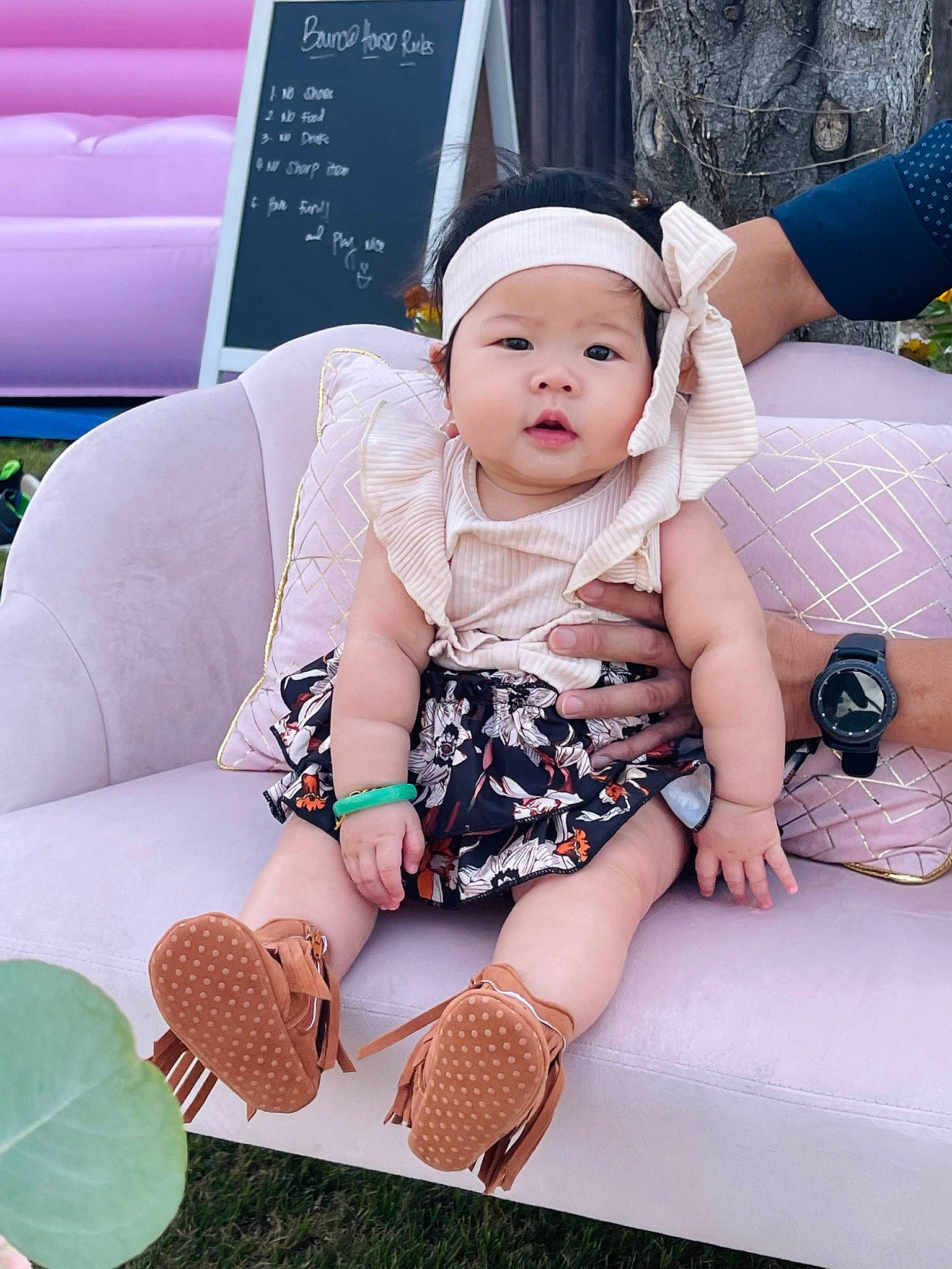 Demi joined the competition — help win amazing prizes! baby, baby_toddler_clothing, child, comfort, fashion_accessory, flash_photography, happy, headpiece, headwear, jewellery, pattern, person, pink, purple, sitting, sleeve, sock, textile, thigh, toddler
