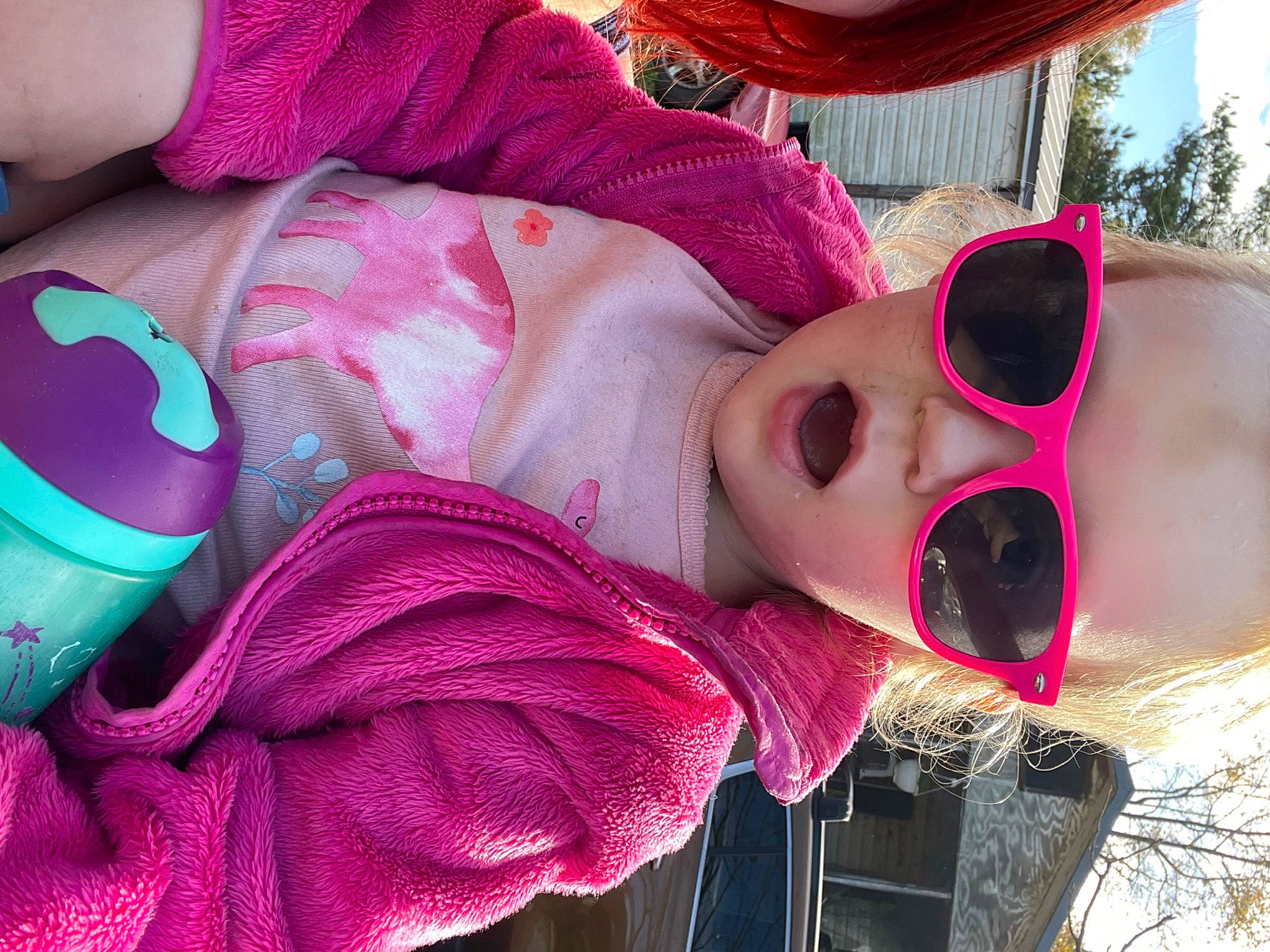 Athena joined the competition — help win amazing prizes! carmine, child, cool, eyewear, goggles, happy, headgear, leisure, lip, magenta, mouth, pattern, person, pink, plant, purple, red, sunglasses, textile, tree