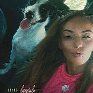 Tyka participe au concours pour gagner de l'argent avec cette photo : casual, companion, date, dog, friendship, glasses, happy_dog, indoor, natural_light, pink_shirt, portrait, seat, selfie, text_overlay, time, tongue_out, vehicle, vintage_filter, window, woman