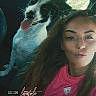 casual, companion, date, dog, friendship, glasses, happy_dog, indoor, natural_light, pink_shirt, portrait, seat, selfie, text_overlay, time, tongue_out, vehicle, vintage_filter, window, woman