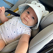 Milan a rejoint le concours — aidez-le/la à gagner de superbes lots ! baby, car_seat, hat, infant, child, clothing, bracelet, face, person, seatbelt, cute, adorable, indoors, sitting, reaching, expression, soft, gray, blue, portrait