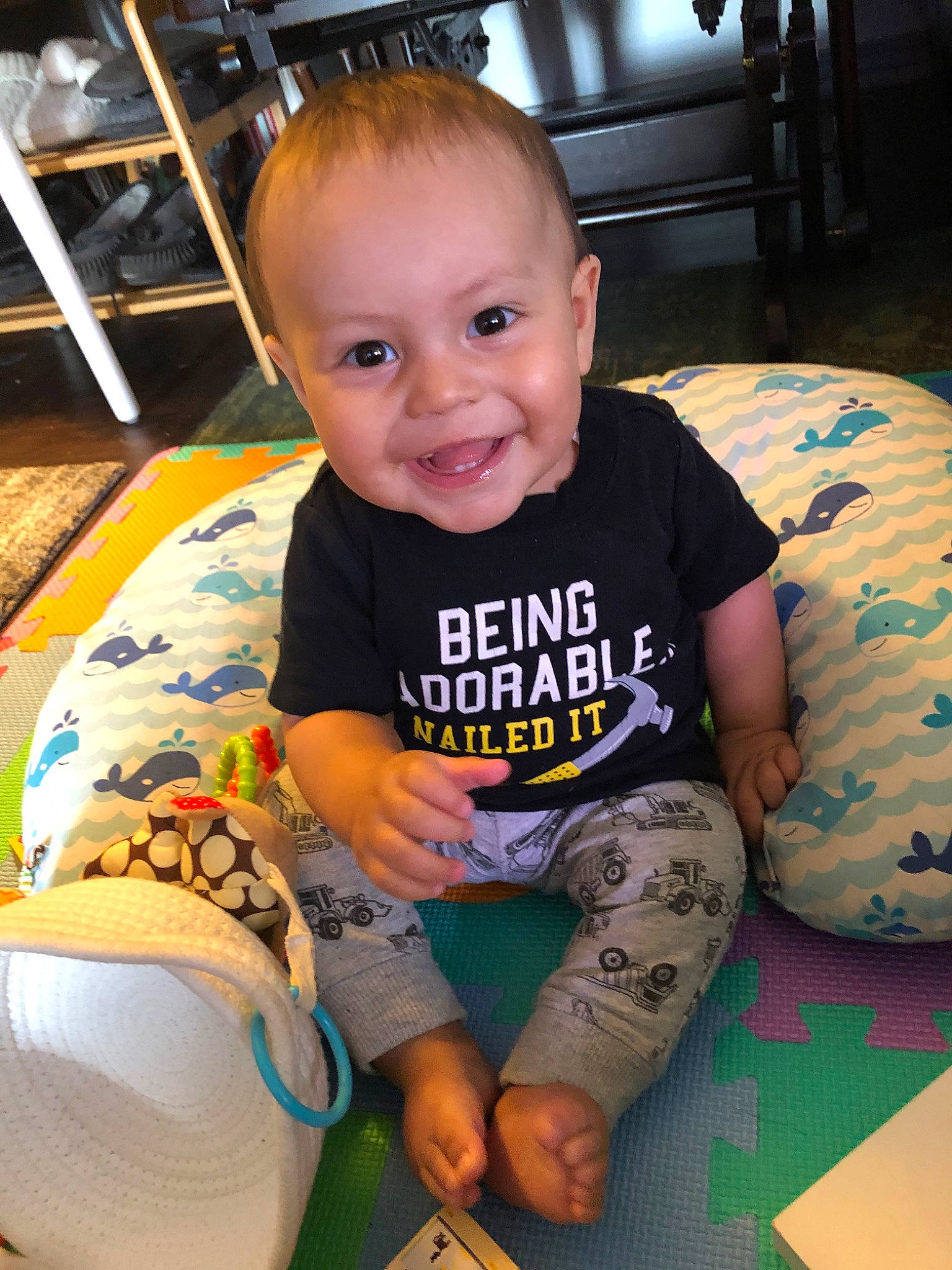 Cesar joined the competition — help win amazing prizes! abdomen, arm, baby, cheek, child, face, finger, head, joint, joy, leg, person, play, room, sitting, skin, sleeve, smile, t_shirt, toddler