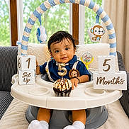 Rishiv is registered to the contest to win money with this photo: baby, infant, milestone_blocks, cupcake, number_candle, baby_seat, toy, hanging_toys, blue_outfit, white_socks, indoors, window, curtains, couch, blanket, smiling, portrait, child, celebration, cute