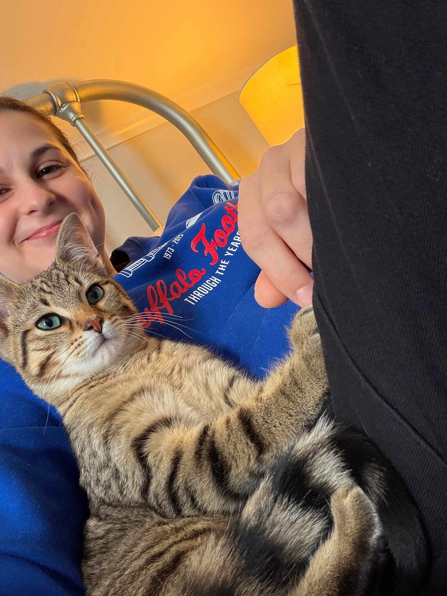 Theo joined the competition — help win amazing prizes! person, cat, tabby_cat, smiling, indoor, bedroom, bed_frame, lamp, blue_sweatshirt, cuddling, pet, fur, whiskers, comfort, relaxation, happy, closeup, portrait, animal, domestic