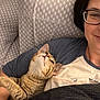 cat, person, couch, snuggling, tabby_cat, glasses, smile, indoor, cozy, blanket, patterned_fabric, relaxing, pet, companion, cute, comfort, resting, casual, home, affection