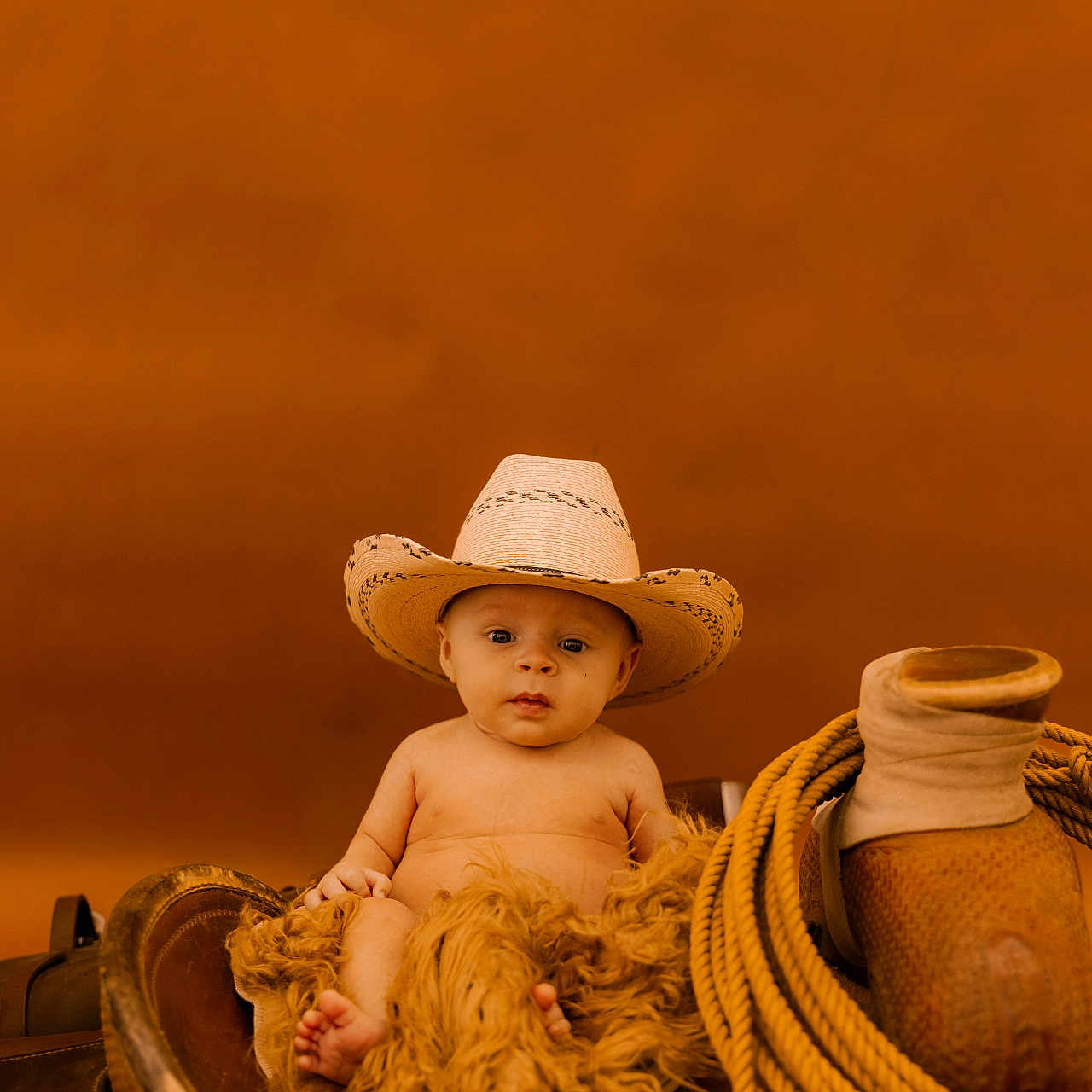 Braxton is registered to the contest to win money with this photo: baby, infant, child, cowboy_hat, cowboy_theme, saddle, rope, leather, blanket, rustic, portrait, seated, indoor, brown_tones, western, fashion, cute, face, photography, ranch