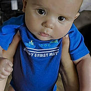Aiden joined the competition — help win amazing prizes! baby, child, infant, blue_onesie, face, hands, indoor, curious, drool, person, skin, clothing, human, cute, portrait, young, looking, holding, floor, background