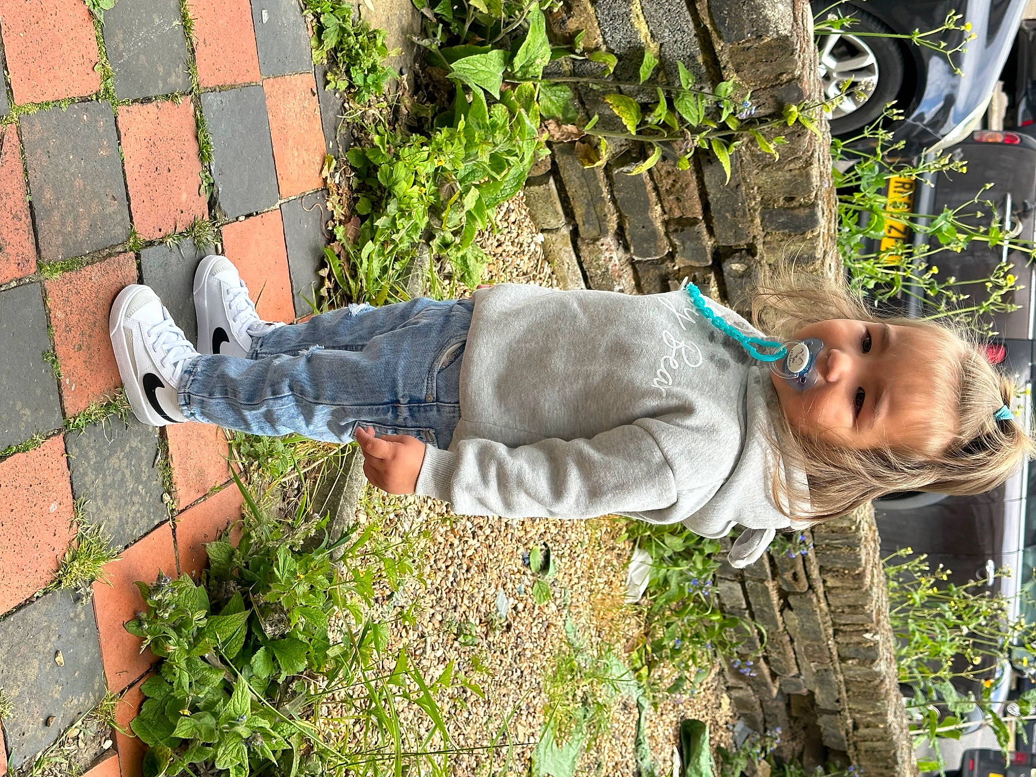 Niklaus is registered to the contest to win money with this photo: botany, brick, brickwork, child, denim, fun, garden, grass, groundcover, happy, human_leg, leisure, pattern, people_in_nature, person, plant, road_surface, sitting, soil, toddler