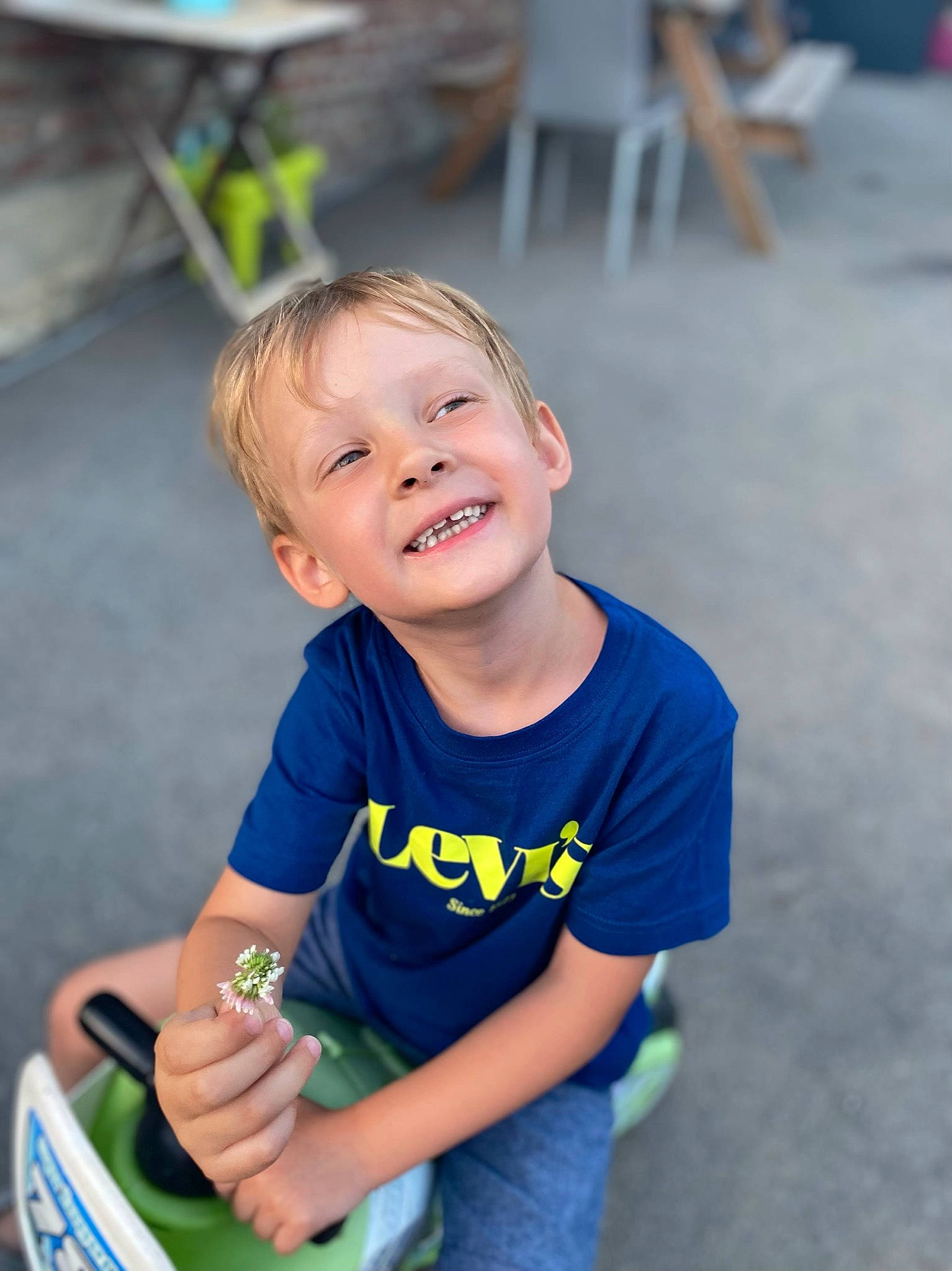 Nyno participe au concours pour gagner de l'argent avec cette photo : chair, child, electric_blue, event, flash_photography, fun, grass, happy, joint, joy, leisure, person, play, recreation, sitting, smile, summer, t_shirt, toddler, vacation